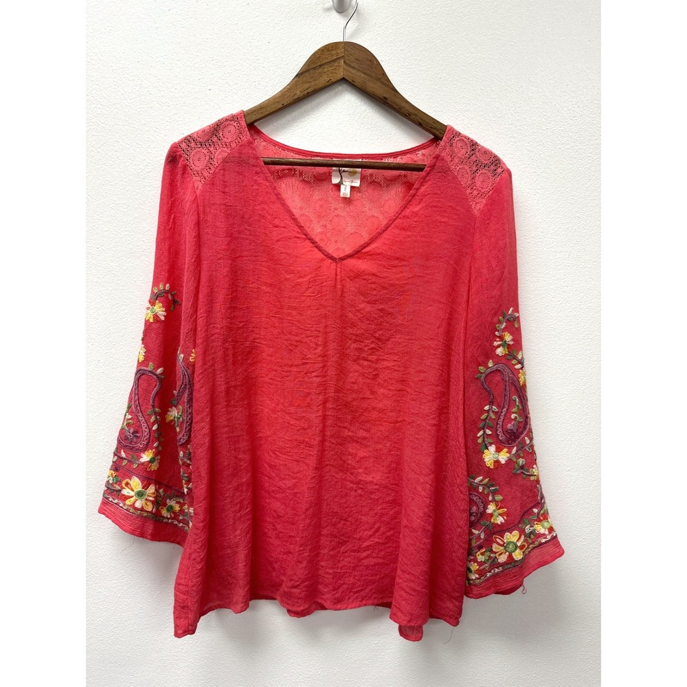 Anthro Fig and Flower Embroidered Boho V-Neck Coral L